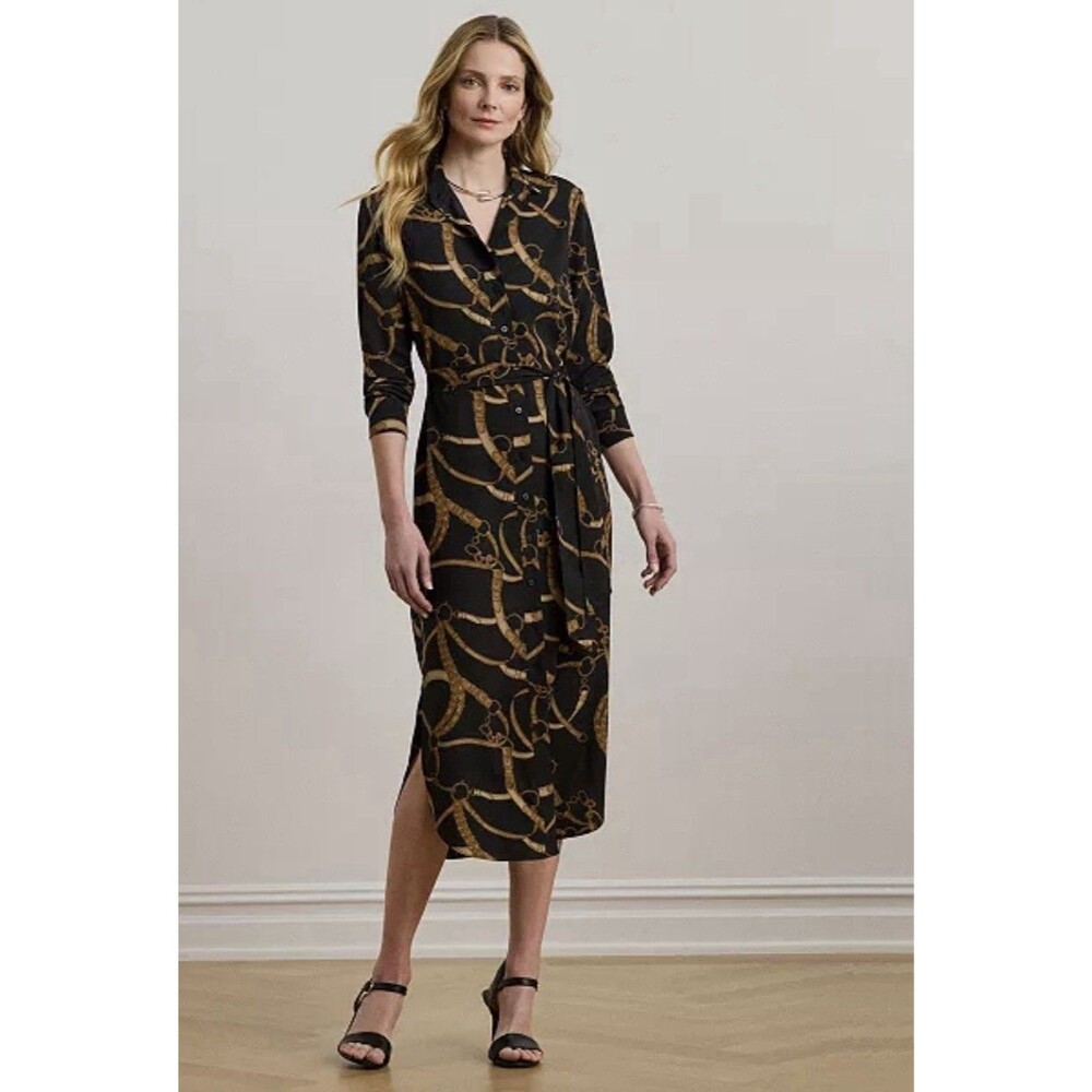 Lauren Ralph Lauren Black Dress with Gold Chain Print Midi